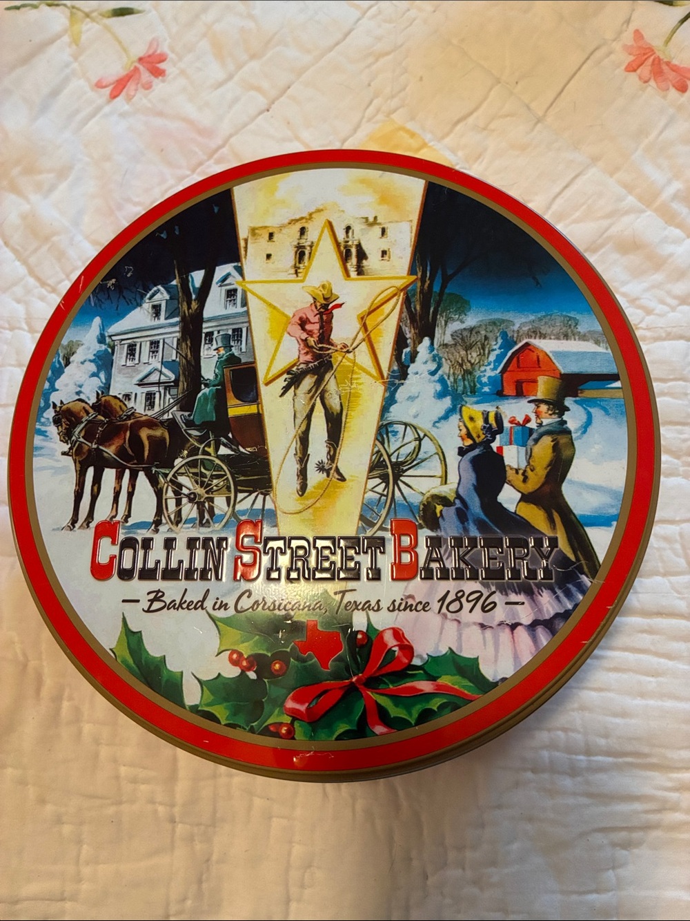 Holiday Cookie Tin - Red & Gold Vintage Scene